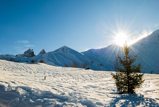 Winter landscape with snow of Aiguilles d'Arves - Savoy - French Alps