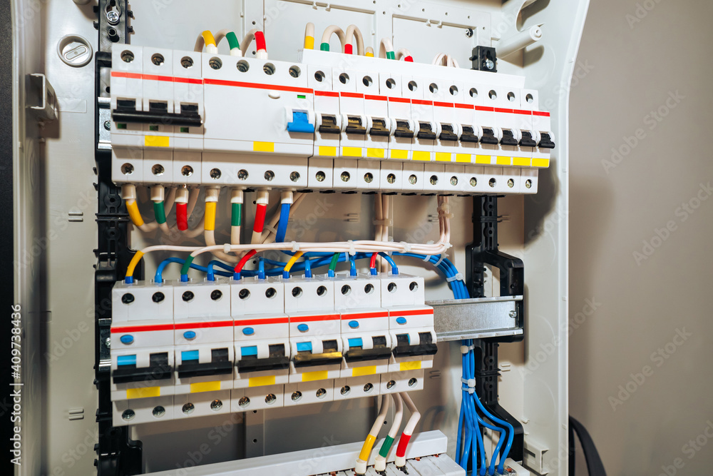 Poster electrical panel with multi-colored wires. voltage distributor with circuit breakers. new automated 