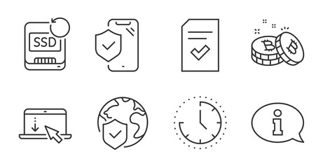 Scroll down, Checked file and Information line icons set. Recovery ssd, World insurance and Time signs. Bitcoin, Phone insurance symbols. Landing page, Correct document, Info center. Vector