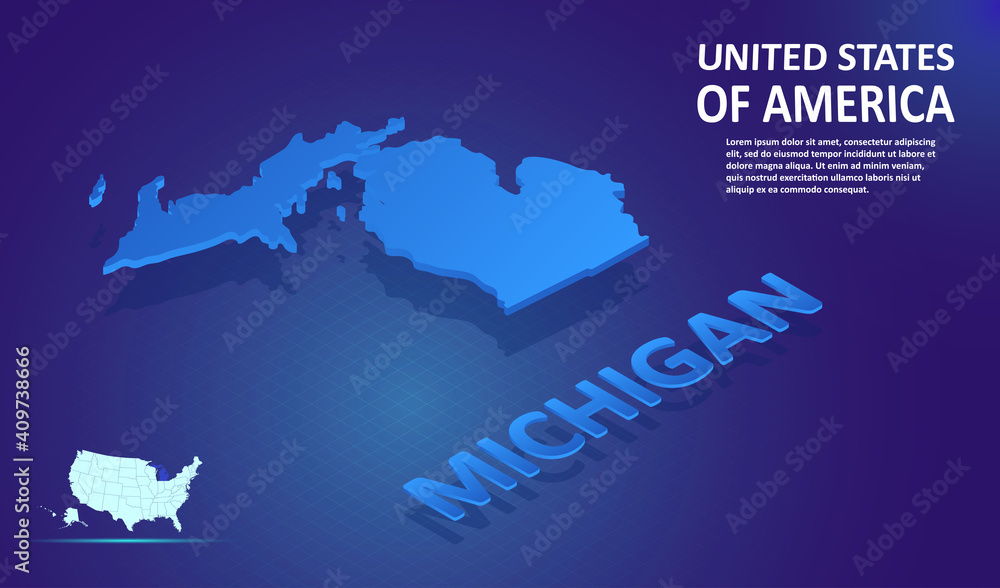 Wall mural Isometric Michigan State map on blue and glowing background. 3D Detailed Map in perspective with place for your text or description. Technology Information Graphic Elements for design and template.