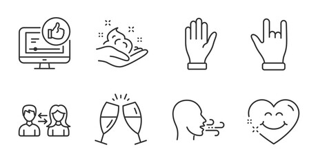 Like video, People communication and Hand line icons set. Horns hand, Champagne glasses and Skin care signs. Breathing exercise, Smile face symbols. Thumbs up, People talking, Waving palm. Vector