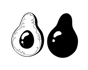 Vector drawing of avocado, black and white graphics, avocado cut in half, shiny peel, delicious healthy natural fruit vegetable, natural eco-product, farmer, vegetarian, retro style.