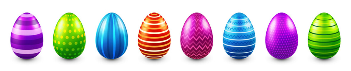 Colorful Easter eggs isolated on white background. Seasonal spring decoration element. Egg hunt game. Vector illustration.