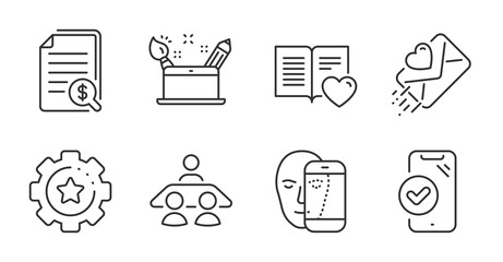 Interview job, Love letter and Settings gear line icons set. Creativity concept, Face biometrics and Love book signs. Approved phone, Financial documents symbols. Quality line icons. Vector