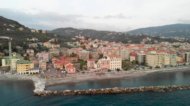 Aerial view of Chiavari, Liguria, Italy. City landscape from drone at sunset