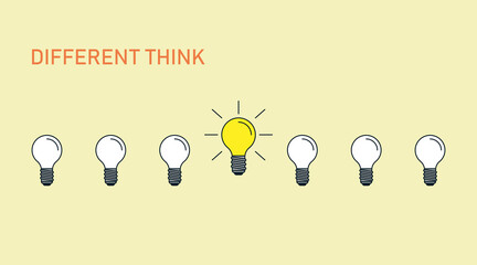 Different think. Concept of idea or insight work. Vector illustration of white light bulbs and one yellow light lamp.