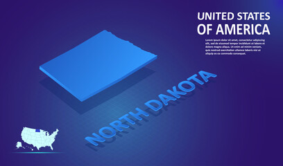Isometric North Dakota State map on blue and glowing background. 3D Detailed Map in perspective with place for your text or description. Technology Information Graphic Element for design and template.
