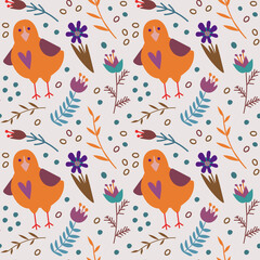 Vector illustration seamless pattern on the theme of Easter. Chicken with flowers. For poster congratulation..