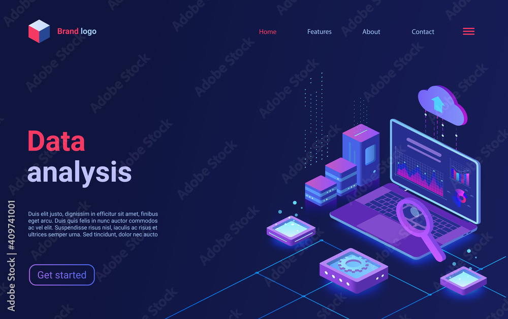 Poster data analysis, financial analytics isometric vector illustration. cartoon 3d analyst trader workplac