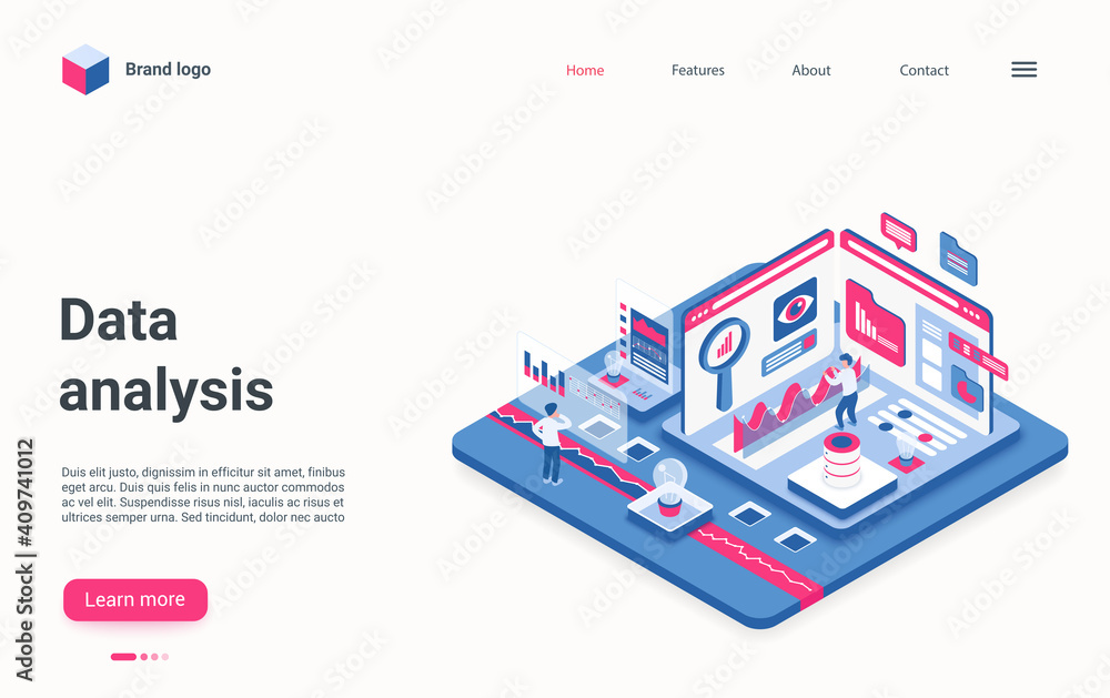 Poster Data analysis service concept isometric vector illustration. Cartoon 3d developer people work with graphic data information on digital dashboard, analytics optimization and development landing page