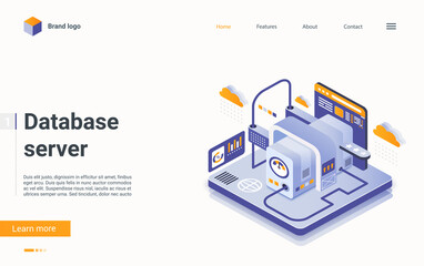 Database server isometric vector illustration. Cartoon 3d virtual hosting datacenter service to control, analyze and manage data files, support system infrastructure, modern technology landing page