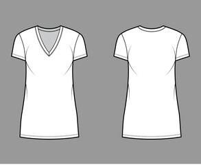 T-shirt dress technical fashion illustration with V-neck, short sleeves, mini length, oversized body, Pencil fullness. Flat apparel template front, back, white color. Women, men, unisex CAD mockup