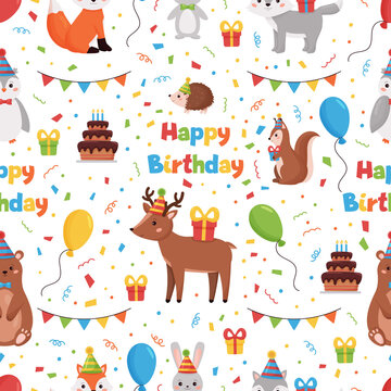 Happy Birthday seamless pattern with forest animals: deer, rabbit, bear, owl, fox and wolf. Cute cartoon vector characters.