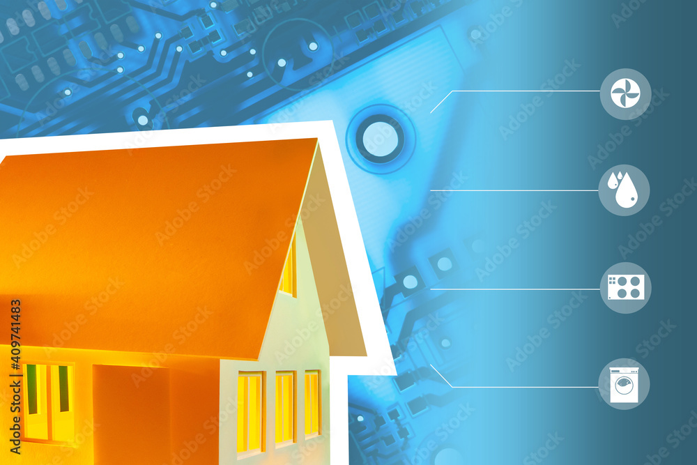 Poster concept banner of smart home technology. layout of the building is linked to the icons of household 