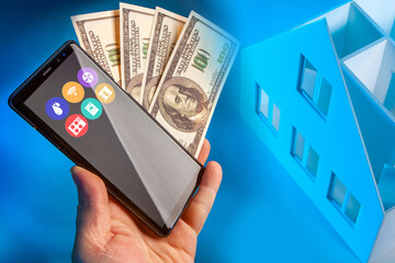 Money and a Smart home. Payment for connecting the cottage to the Smart Home system. Subscription fee for using the home automation system. A person pays for the Smart House system for their cottage.