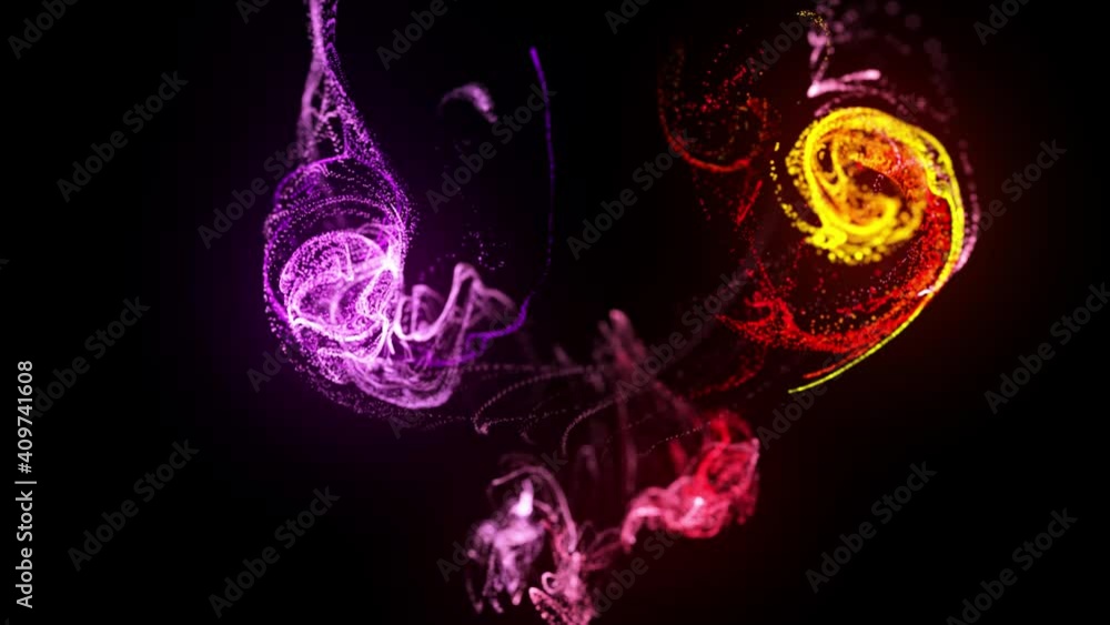 Poster injection of fluorescent red violet ink in water in 4k. 3d render of glow particles in ink flow. lum