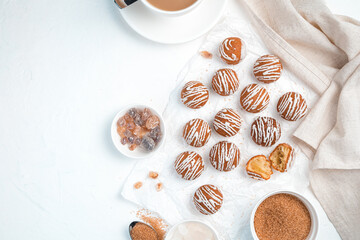 Round cookies on a white background. Top view, horizontal. The concept of the desserts.
