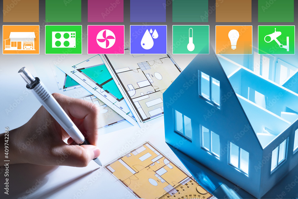 Poster development of a smart home system for a cottage. private house, its plan and logos of the home auto