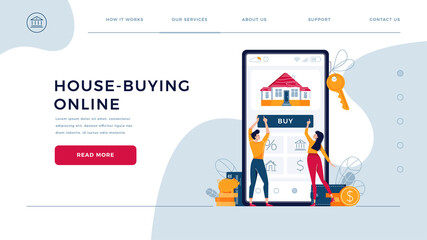 House-buying online, template for homepage. Couple touching the button on monitor screen, buy a home. Concept of home purchase, buy a property online for website design. Flat vector illustration