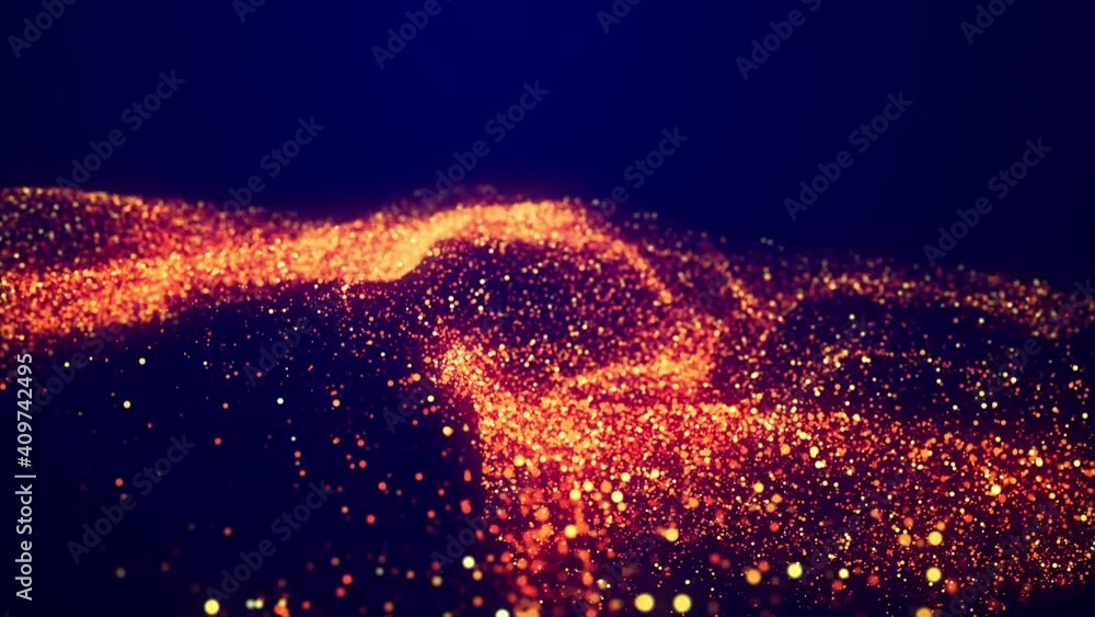 Poster abstract bg, golden magic glitters fly in air in slow motion and form beautiful swirls. fiery sparkl