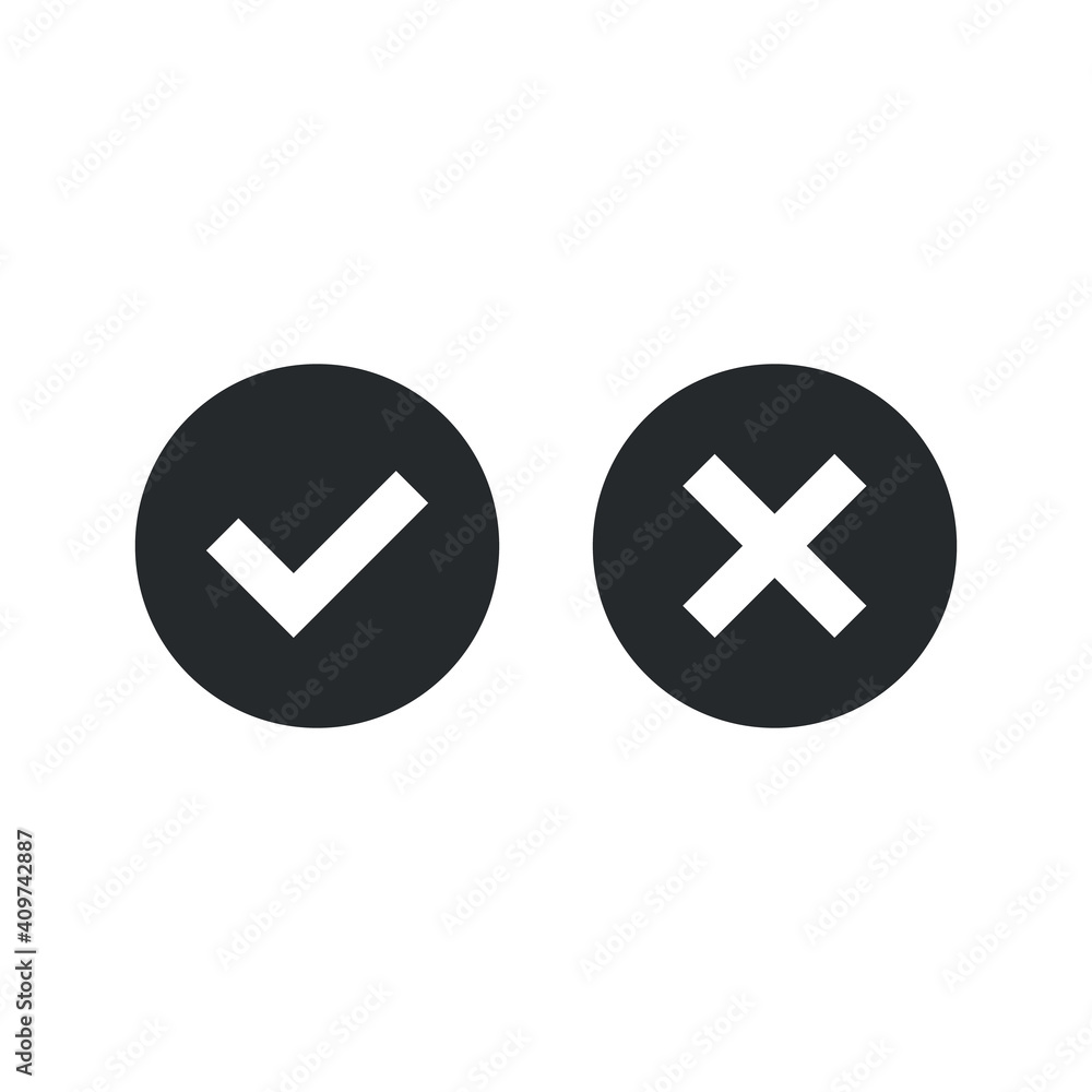 Poster check mark icons. black and white tick and x mark. round vector icons set isolated on white backgrou