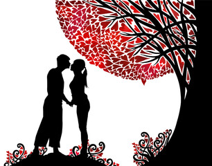A couple in love kisses under a tree. Happy Valentine's Day. Vector illustration