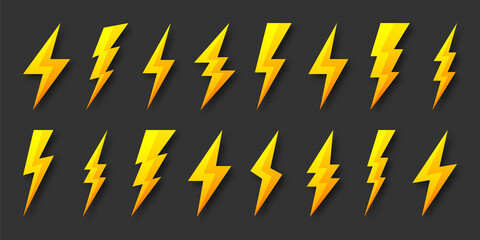 Yellow lightning bolt icons collection. Flash symbol, thunderbolt. Simple lightning strike sign. Vector illustration.