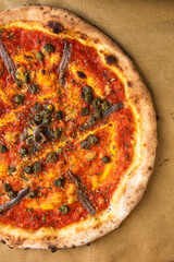 Fresh Delicious Restaurant Italian Pizza. Top Down View with Copy Space. Food Gourmet Background. Overhead. Pizzeria fast Food.