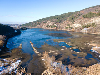 Aerial winter view of Pancharevo lake, Bulgaria