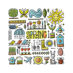 Spring time background. Gardening Frame Design. Happy Easter Art.