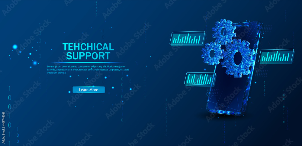 Poster technical support. the concept of service. a gears consisting of polygons. phone in a futuristic pol