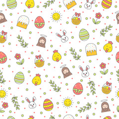 Happy Easter seamless pattern with bunny, jesus christ, egg, flower, branch, chicken on white background. Greeting card vector icons, gift wrapping paper and wallpaper vector illustration.