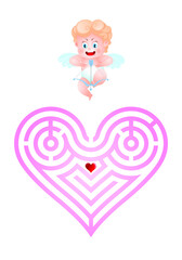 Game for children. Valentine's Day. Help Cupid find hearts. Kids activity sheet. Maze puzzle. Cartoon Vector Illustration of Education Paths. Isolated objects.