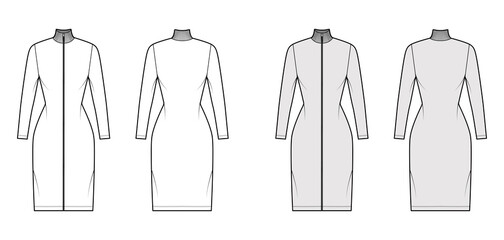Turtleneck zip-up dress technical fashion illustration with long sleeves, knee length, fitted body, Pencil fullness. Flat apparel template front, back, white, grey color. Women, men, unisex CAD mockup