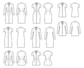 Shirt dress technical fashion illustration with classic regular collar, knee, mini length, oversized, fitted body, button up. Flat apparel template front, back, white color. Women, men CAD mockup