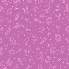 Happy Easter seamless pattern with bunny, jesus christ, egg, flower, branch, chicken on purple background. Greeting card outline vector icons, gift wrapping paper and wallpaper vector illustration.
