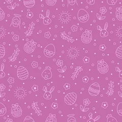 Gordijnen Happy Easter seamless pattern with bunny, jesus christ, egg, flower, branch, chicken on purple background. Greeting card outline vector icons, gift wrapping paper and wallpaper vector illustration. © amin268