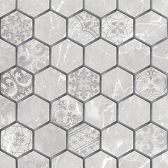 Hexagonal seamless patterned background on gray marble background