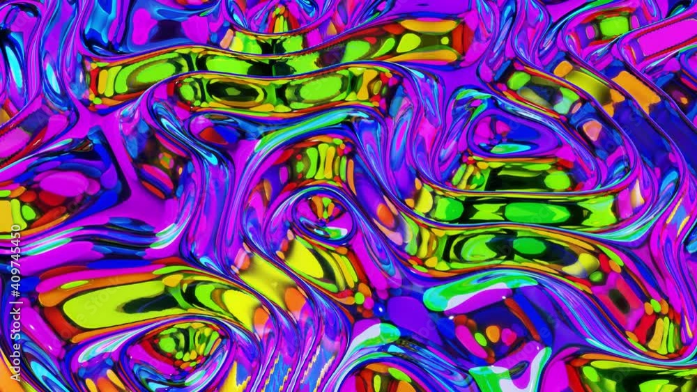 Poster liquid pattern like waves in looped motion. 3d stylish abstract iridescent bg of wavy surface like b