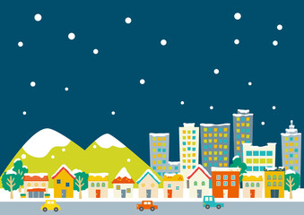 カラフルな街並み雪の降る夜　洋風家屋・山・ビル