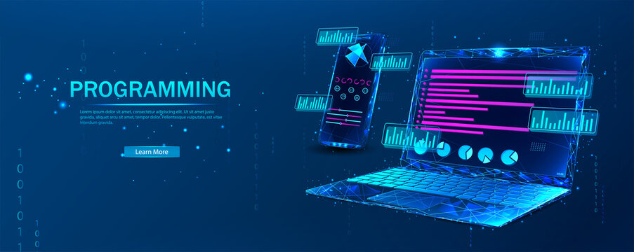 Software, web development, programming concept. Abstract programming language and program code on the laptop screen. Technological process of software development. Software development.