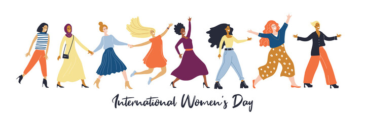 Womens day (IWD) - International  women's rights Day and femininity day. 8 March. Different nationalities. Set of vector illustrations for greeting card, banner. Minimal trendy woman. Multicultural.