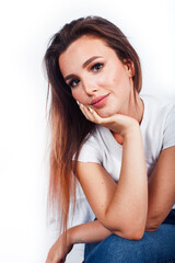 Fototapeta premium young blond woman on white backgroung gesture thumbs up, isolated emotional posing