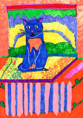 Funny faitytale cubic dark blue sitting cat. Kid's drawing
