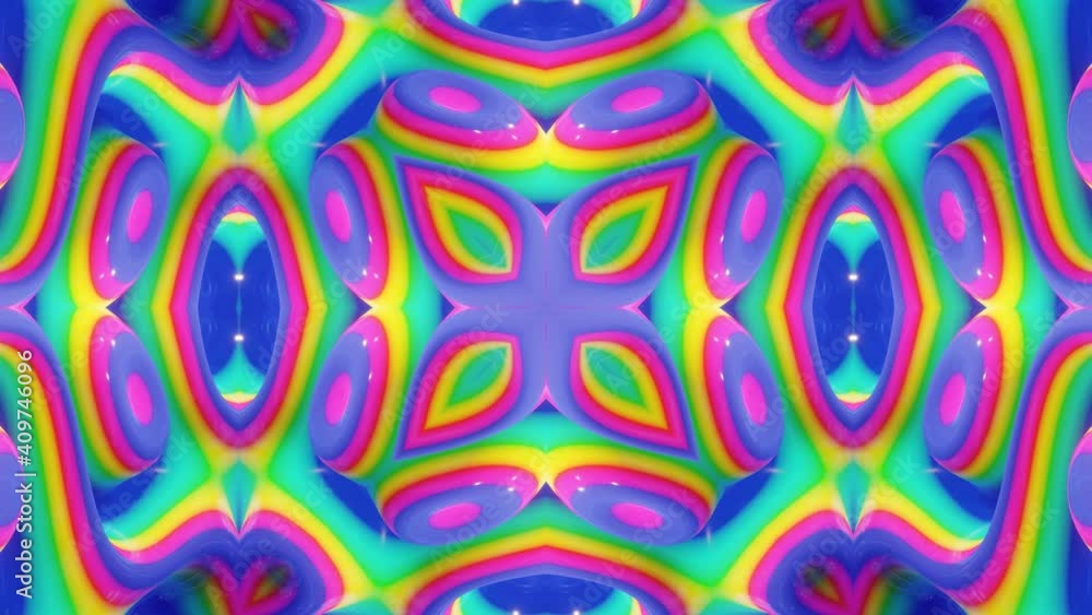 Poster 4k looped abstract background simmetrical 3d liquid pattern with bright rainbow gradient color trans
