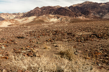 The rocky valley floor shows signs of flash floods in this wash in Death Valley National Park, California