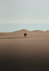 Fototapeta na wymiar couple walking through the dunes at sunrise