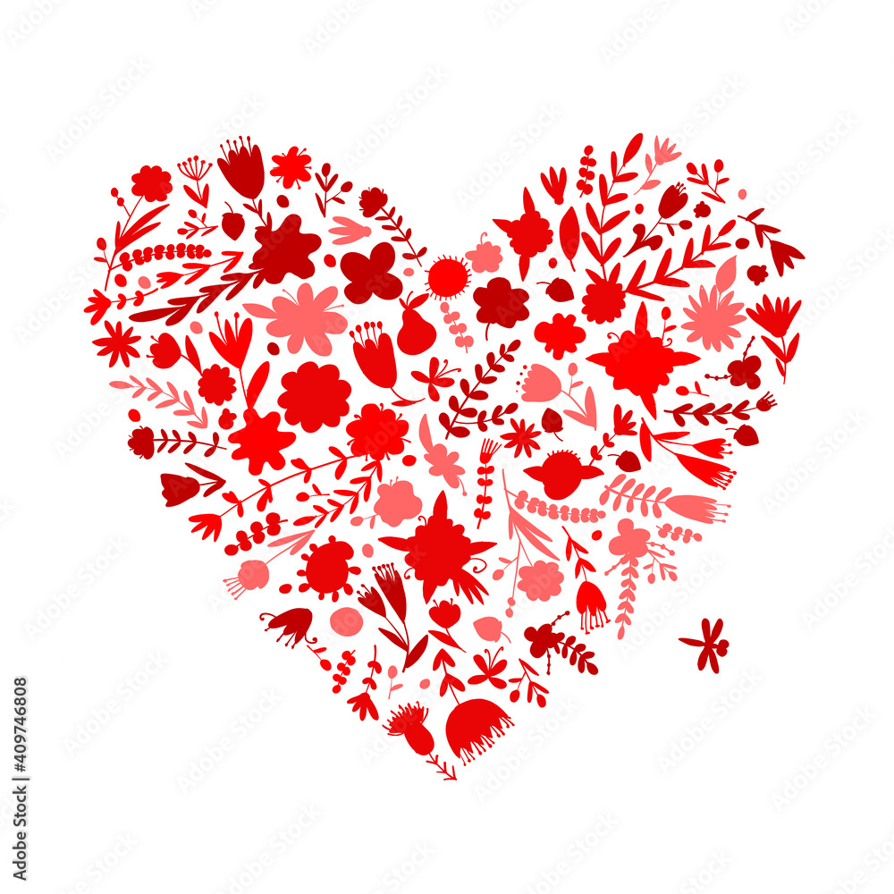 Sticker Greeting card with floral heart shape for your design