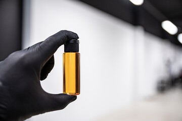 Man chemist holding tube with just invented solution liquid. Yellow liquid in probe