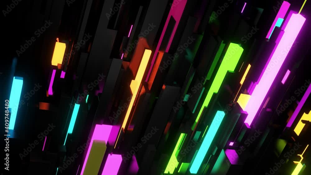 Poster abstract looped 4k dark background neon cubes light bulbs. visualisation of working ai bigdata or bl